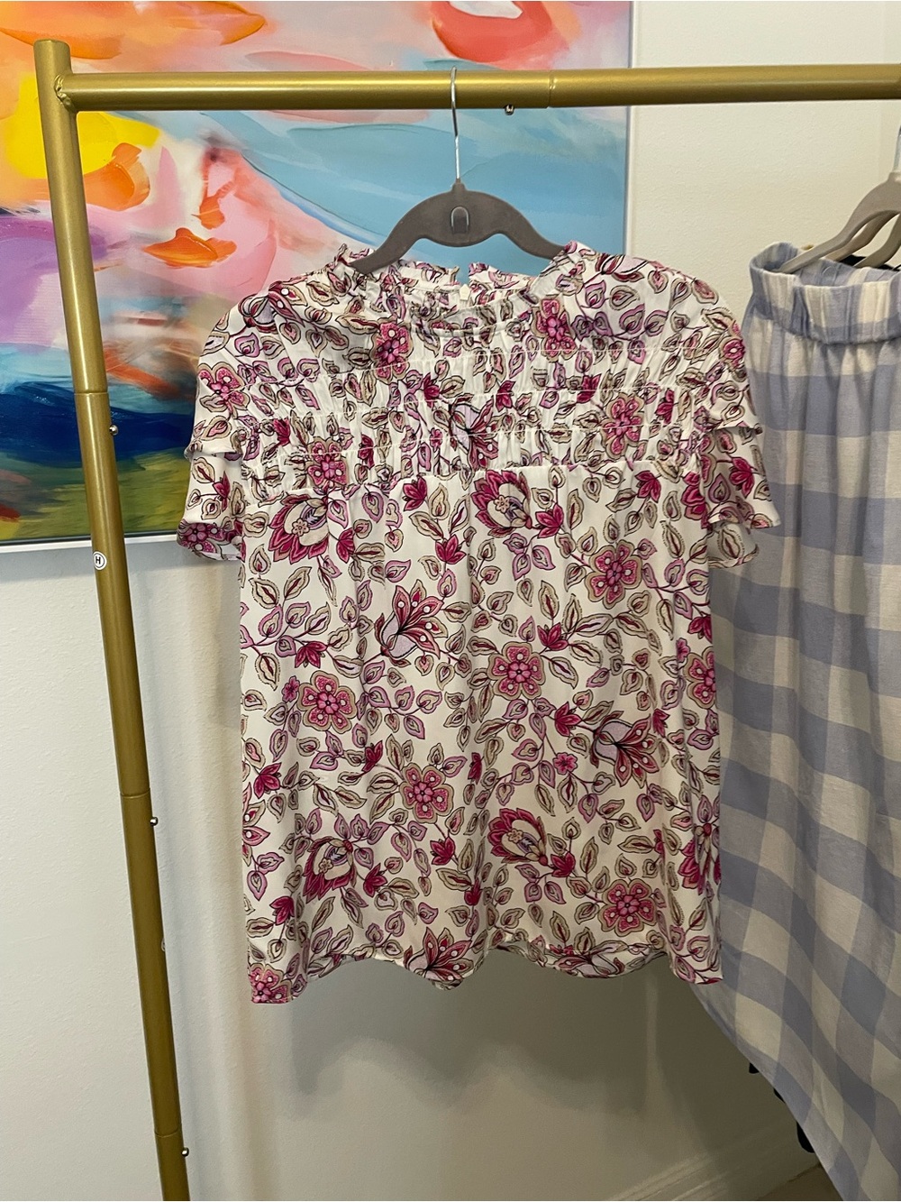 Floral Smocked Neck Short Sleeve Top - Pink/White Medium‎